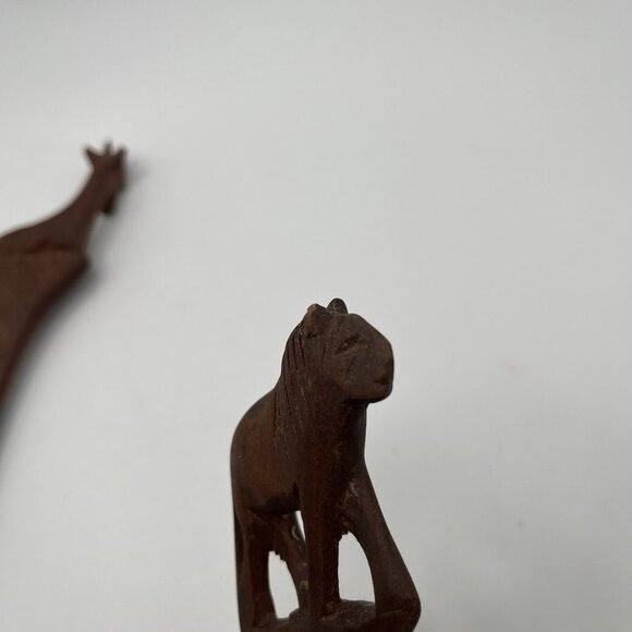 Vintage MCM Wooden Hand Carved Serving Salad Utensils African Lion Gazelle - Picture 8 of 9